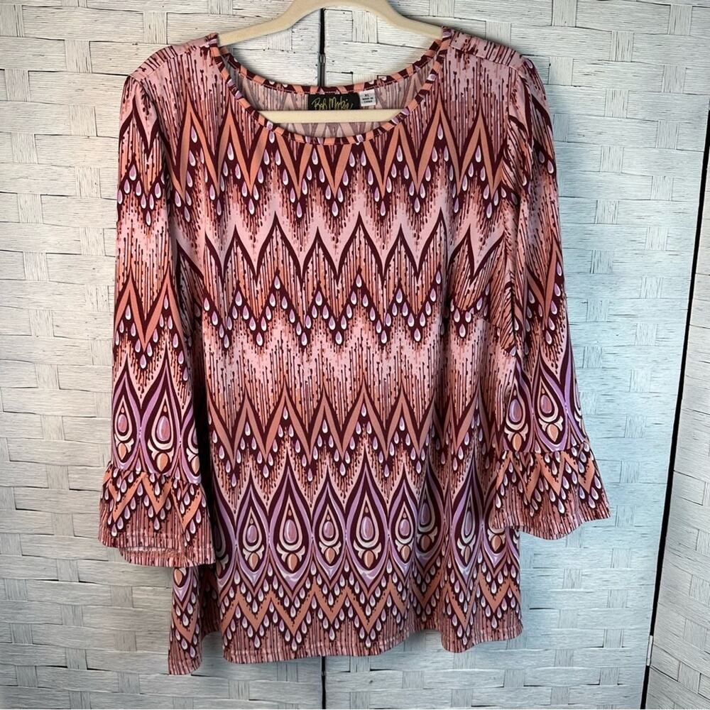 Bob Mackie tunic blouse, Chevron teardrop, pink burgundy art to wear plus size